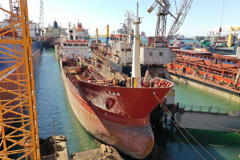Vessel under repair in a shipyard